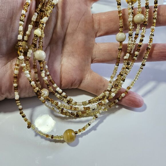 *Sale* Seed Bead Necklace Multi Strand Tone Glass Bohemian Neutral 18-20.5" - Picture 1 of 12